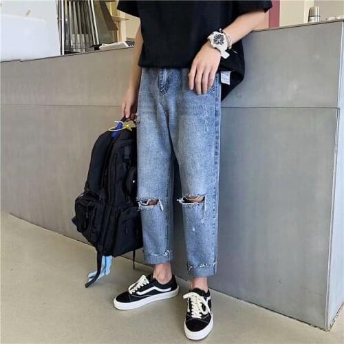 New 2020 Fashion Denim ripped ankle length pants mens brand loose jeans all-match trousers autumn casual harem pants