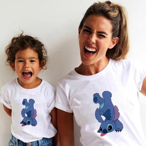 Clothing For Boys Mother and Daughter Dress Lilo & Stitch Cartoon Print Top Adult Short Sleeve Men and Women Tee Family Look