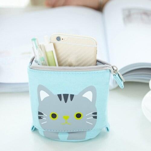 Pen Pencil Bag Case Cartoon Cute Quality Cat Purses Pencil Bags Canvas Fold Standing Holder Stationery Organiser For Kids Gift