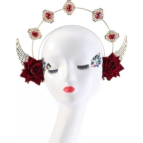 Baroque Sun Goddess Halo Headpiece KC Gothic Rose Wings Crystal Headband Tiara Halo Crown Headband Lolita Hair Accessories