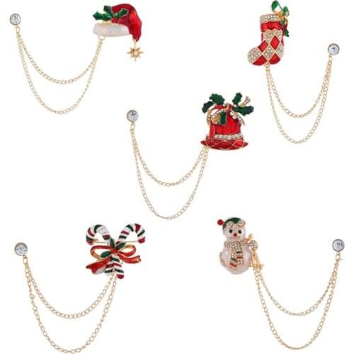 Christmas Metal Link Enamel Brooch Christmas Hat Snowman Sock Bells Crutches Crystal Badge Pin Charm Trendy Jewelry Gift Friends
