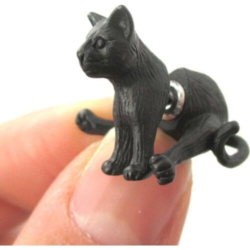 Everfast 2pc/Set Funny Cut 3d Sitting Kitty Cat TwoTow sided Earrings Antique Silver Black Earrings For Women and Kids