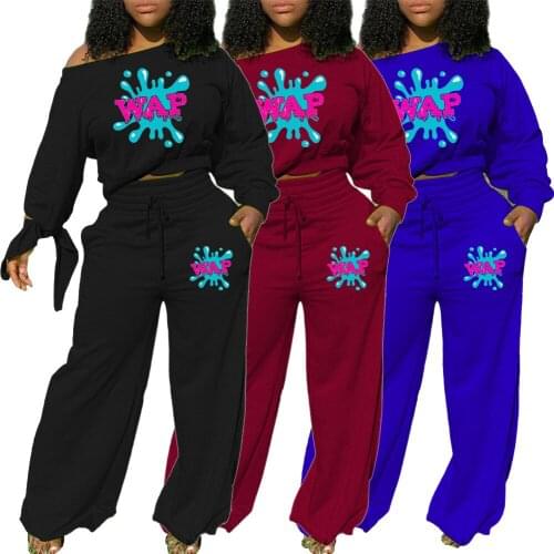 Sport Sweatsuit Letter Graffiti Womens Set Slash Neck Sweatshirt Straight Pants Set Active Tracksuit Two Piece Fitness Outfits