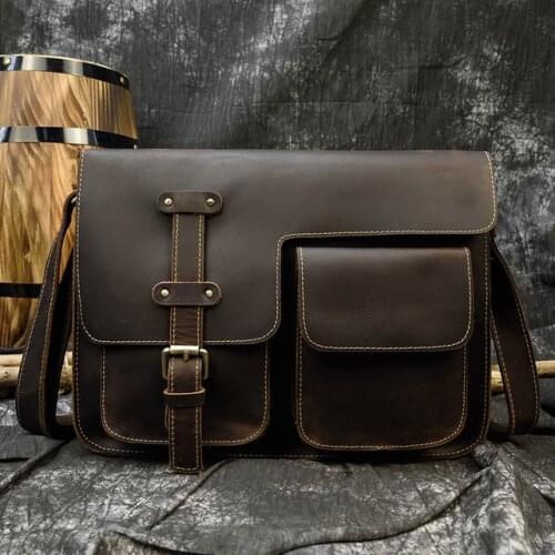 Mens genuine leather messenger bag A4 vintage Crazy horse leather shoulder Bag cowhide magnetic flap Laptop crossbody bag