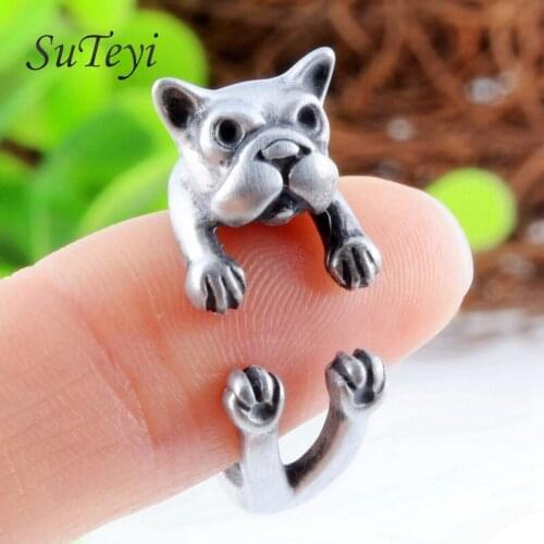 SUTEYI 2020 Hot Antique Silver Plated Cute Dog Animal Design Adjustable Size Ring New Fashion Animal Rings For Women