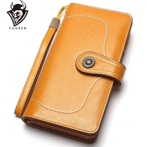 RFID Blocking Vintage Wallet Oil Wax Leather Large-Capacity Genuine Leather Long Wallet Bronze Sun Flower Ladies Coin Purse