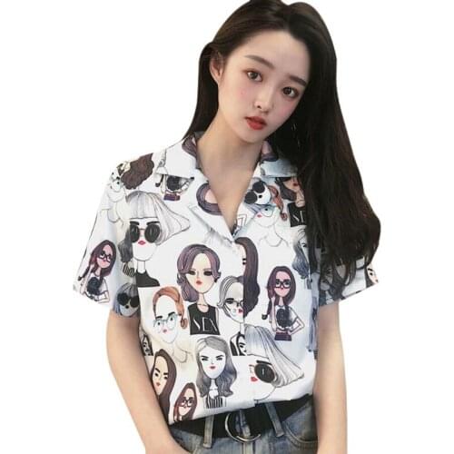 Blouse For Women Korean Camisa Cartoon Beauties Print Turn-Down Collar Shirts Tops Button Loose Mujer De Moda Blusas