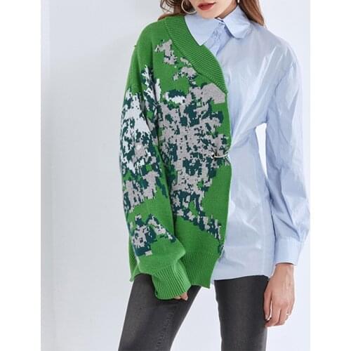 [High quality version] Brand Design Asymmetrical Women Tops Long-sleeved Knit Sweater Shirt Patchwork 2021 new Chic Clothes