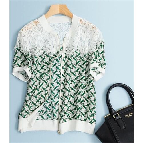 Pure silk spliced women fashion printed hollow out zipper cardigan shirt tees short sleeve white M/L retail wholesale