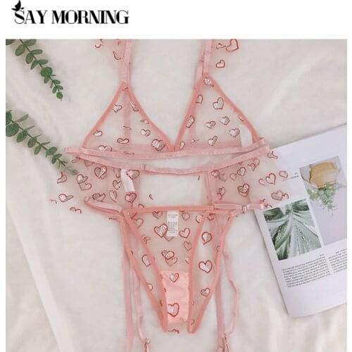 SAY MORNING new womens eyelashes lace garter underwear set thin section see-through small flying sleeve bra thong erotic linger