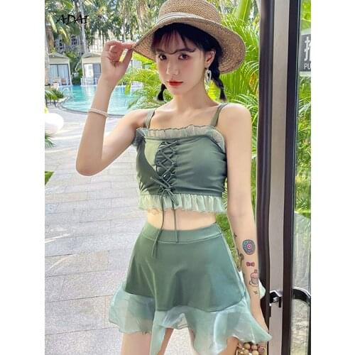 Womens Swimwear 2021 Summer Suit 2 Piece Swimsuit with Skirt Ruffles Black Green High Waist Bikini Bathing Suit Swim Beachwear