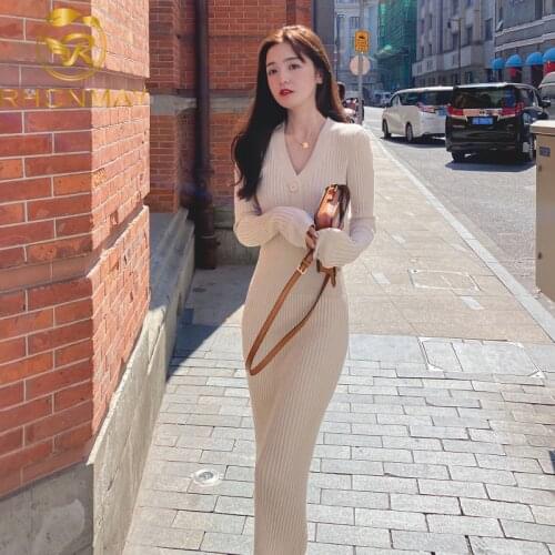 2020 Autumn and winter New dresses for women knit Warm Long Sleeve V Neck Retro Sexy Female Casual Pencil Dress