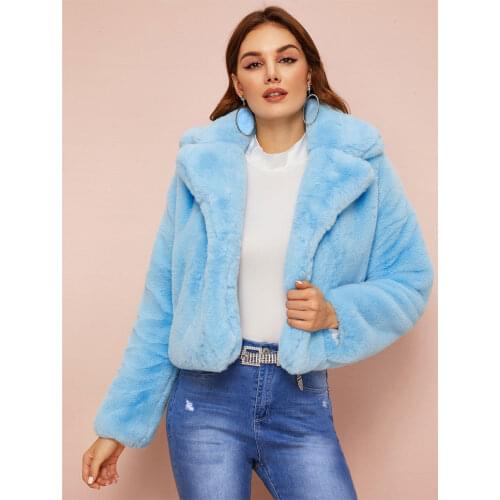 Winter Lapel Hairy Shaggy Faux Fur Jacket Aqua Blue Vintage Long Sleeve Furry Faux Fur Coat Short Outerwear Clothes
