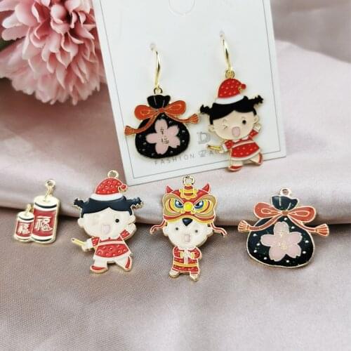 10Pcs/Lot New Chinese Style Diy Drip Oil Jewelry Accessories Spring Festival Blessing Bag Boy Girl New Year Keychain Pendant