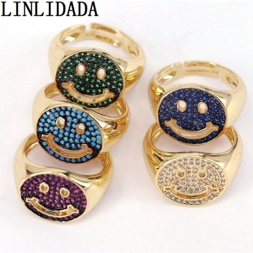 6Pcs Fashion Design Colorful Cubic Zirconia Cute Smile Face Cz Open Ring Copper Gold Plated Adjustable Rings For Women