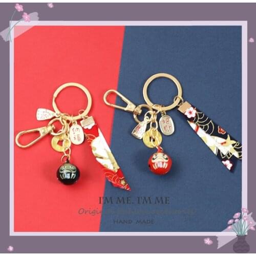 Japanese Style Kawaii Cat Pendant Keychain Anime Sakura Print Strap Bell Dangle Keyring Jewelry Cute Gift for Friends Good Luck