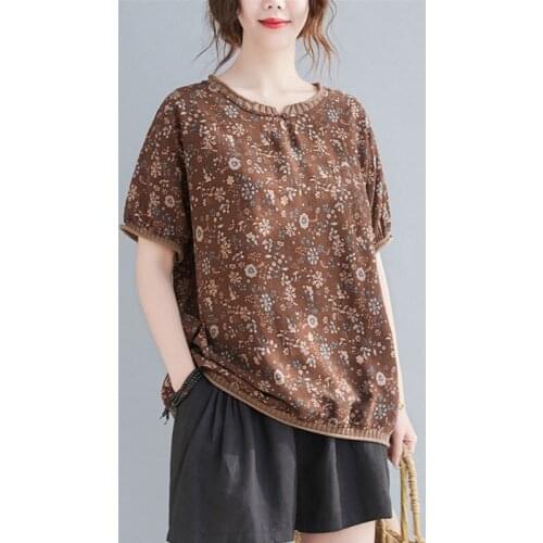 Women Summer Loose Casual T-shirts New Arrival 2021 Simple Style Vintage Floral Print Female Cotton Linen Tops Tees S3581