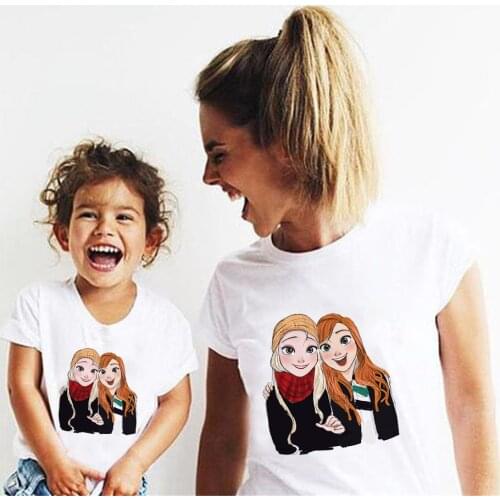 Sister Twins T Shirts For Kids Summer Short Sleeve White O-Neck Streetwear Tee Shirts Disney Princess Elsa Anna Family Outfits