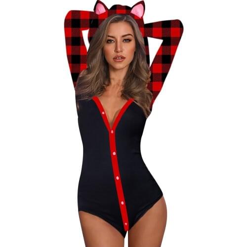 Plaid Printing Jumpsuits Womens Lovely Pajamas Animal Ears Buttons Hooded Lounge Sleepwear Jumpsuit Romper Pijama Femenino