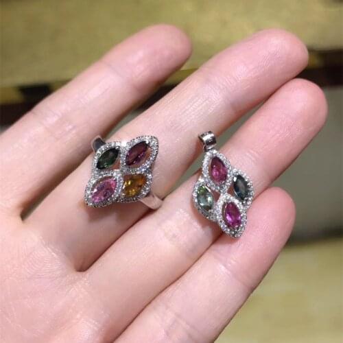 Natural multicolor tourmaline Ring Pendant Natural Gemstone Jewelry Set S925 Silver elegant Rhomboid geometry girl party jewelry
