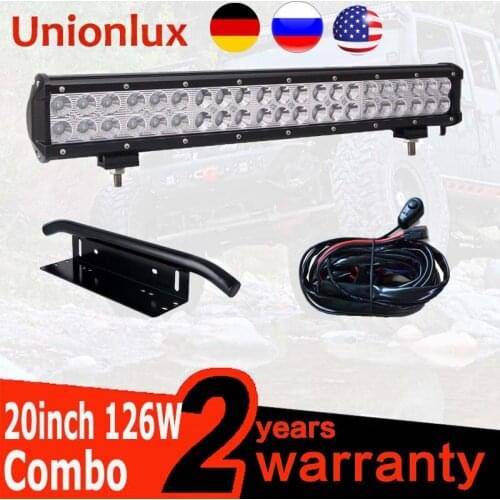20inch 126w 12V LED Light Bar License Plate Bracket Bull Bar with Wirinng Spot Flood Straight Car Offroad 4x4 for Truck ATV
