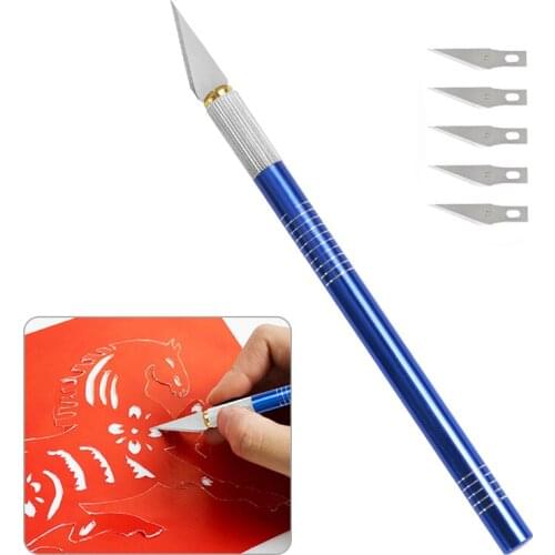 LMDZ 1Pc Professional Blue Handle Carving Knife with 5Pcs Blades,Leather Carving Tool for Leather Carving and Leather Craft