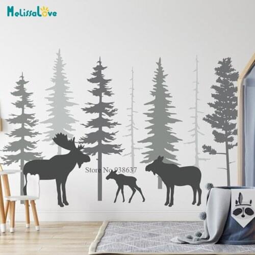 Set of 7 Pine Trees with Moose Woodland Forest Baby Room Nursery Decal Home Decor Removable Vinyl Wall Stickers BD573