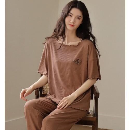 Korean New Loungewear Pajamas For Women Short Sleeve Modal Homewear Loose Long Pant 2 Piece Set Spring Summer Pyjamas Female