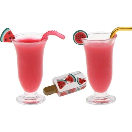 New DIY Miniature Dollhouse Watermelon Juice with Straw Watermelon Popsicle 1:12 Kitchen For Doll Dollhouse