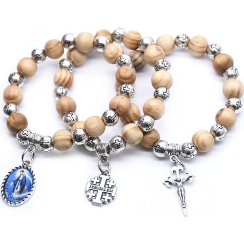 3 Type Pine Bead Wooden Cross Bracelet Jesus Women Men Religious Ornament Vintage Style Accessories Unisex