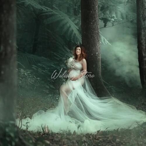 Charming Sheer See Thru Illusion Tulle Dress For Maternity Women Sexy One Shoulder Draped Long Party Dresses For Photo Shoot