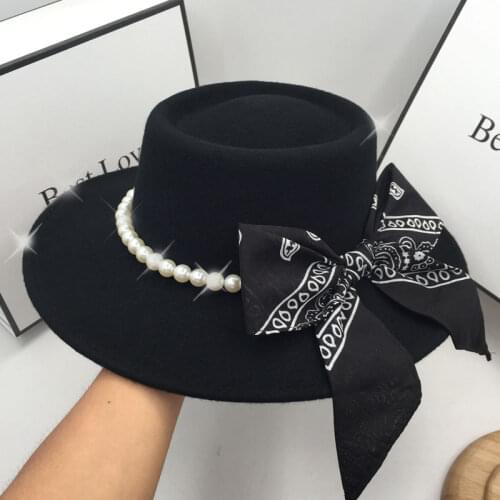 Autumn winter new black wool womens hat wide brim with pearls and big bowknot retro tide womens caps