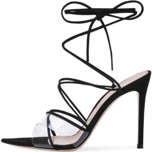 Sexy High Heel Black Strappy Women Clear Sandals Ladies Heeled Summer Pointed Toe Transparent Shoes Stiletto Heels Ankle Wrap