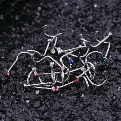10PCS Fashion Nose Piercing Stainless Steel Crystal Rhinestone Nose Studs Hook Bar Nose Rings Body Piercing Jewelry For Women