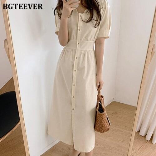 BGTEEVER Summer V-neck Solid Dress for Women 2020 Short Sleeve Single-breasted Female Dress Ladies Slim Waist Lace-up Vestidos