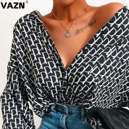 VAZN 20201 Hot Popular Letter Vintage Chiffon Shirts Retro Young Overalls Daily Casual Full Sleeve Women Slim Regular Shirts