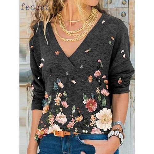 FEOGOR Casual T-shirt Womens blouse T-shirt women 2021 autumn and winter new long-sleeved womens V-neck printed slim T-shirt