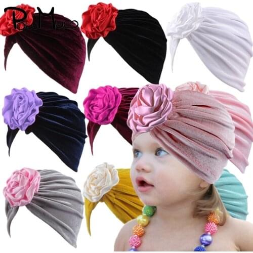 Powmuco Solid Color Handmade Flowers Infant Hat Fashion Soft Gold Velvet Children Beanie Caps Outdoor Baby Headwear Holiday Gift