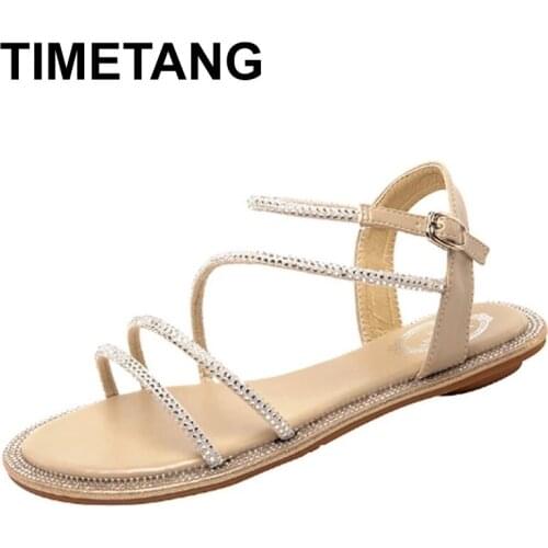 TIMETANGSummer Flat Sandals Women Fashion Bandage Rhinestones Sexy Open Toe Beach Shoes Female Casual Roman shoes SandaliasMujer
