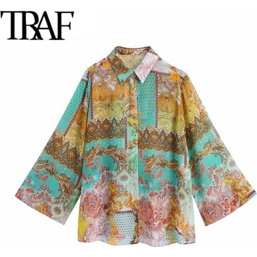 TRAF Women Fashion Semi-sheer Patchwork Paisley Print Loose Blouses Vintage Long Sleeve Button-up Female Shirts Chic Tops