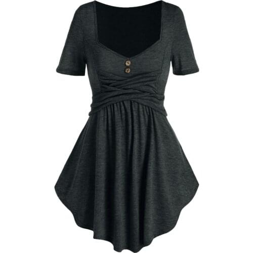 Wipalo Casaul Women Tops Plus Size Button Front Criss Cross Flare T Shirt Summer Female T Shirt Short Sleeve Harajuku Fashion