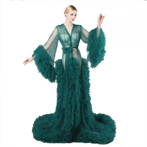Green Maternity Robes Women Long Tulle Robes for Photo Shoot Baby Shower Long Sleeves Ruffle Women Dress Photography Real Images