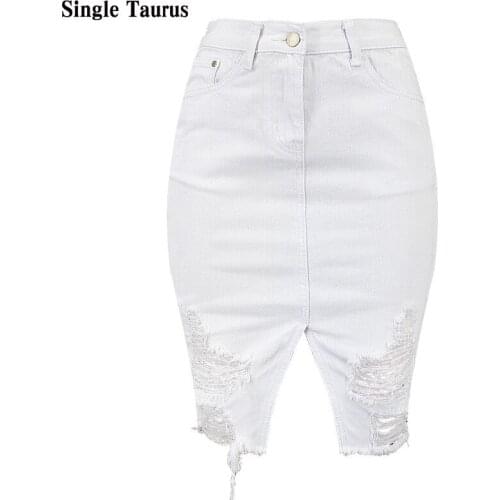Office Lady White Distressed Jeans Skirts Women High Waist Irregular Hole Tassel Split Jupe Femme Push Up Sexy Faldas Mujer Moda