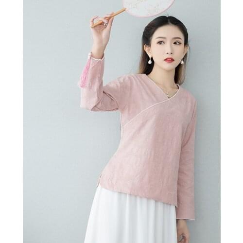 S-3XL Retro Blue Pink Cotton Linen Long Sleeve Summer Han Fu Traditional Chinese Clothing for Women Hanfu Tops Blouse Costume