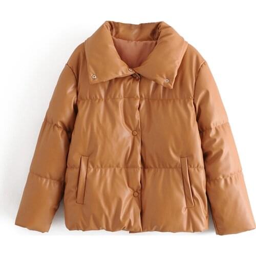 Women brown fur faux leather jacket coat oversized buttons 2021 Winter Female pu turn down collar jacket overcoat ZC30