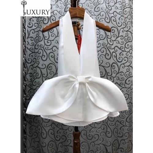 Elegant Big Bow Tie Blouses 2020 Summer Club Women Sexy Backless Sleeveless White Apricot Purple Tops Casual Beach Wear