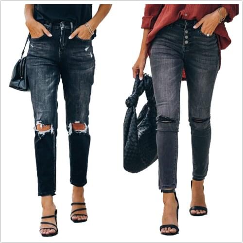 2021 New Retro Black Frayed White Ripped Jeans For Women High Waist Denim Pencil Pants Street Casual Elastic Jeans Drop shipping