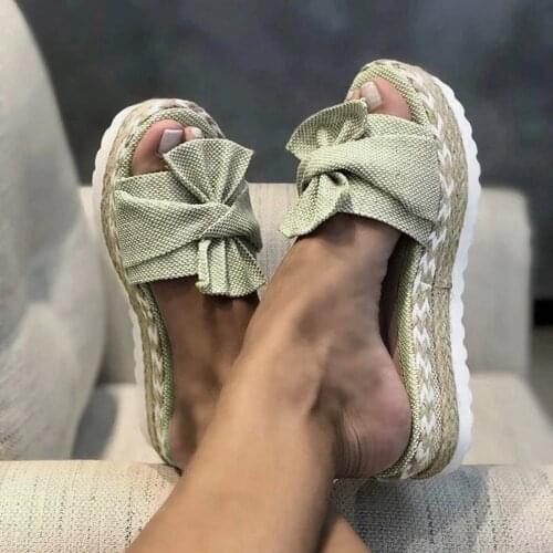 Women Slippers Summer 2021 Platform Wedges Mid Heels Bow Tie Peep Toe Fashion Slides Beach Outdoor Ladies Shoes Zapatos De Mujer