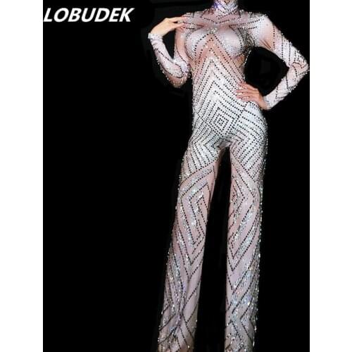 Full Diamond Female Jumpsuit Bling Rhinestones flared trousers Bell-bottoms Pants Nightclub DJ singer Costume Star Party Costume