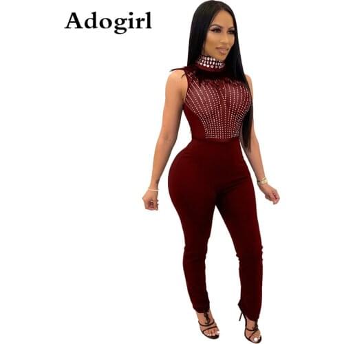 Sexy Diamond Feather Mock Neck Women Jumpsuit Mesh Patchwork Sleeveless Bandage Romper High Waist Night Club Overalls S-XXL